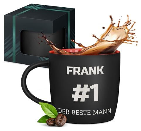 Maverton schwarzer Keramik Kaffeebecher 400ml mit Gravur, Kaffeetasse | Kaffeebecher aus Matt Keramik mit Henkel, Trinkbecher Männer zum Geburtstag zu Weihnachten, matt schwarz, Innen rot, Nr. 1