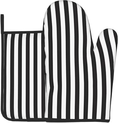Juego de dos piezas para hornear de cocina a rayas blancas y negras, guantes de horno y soportes para ollas