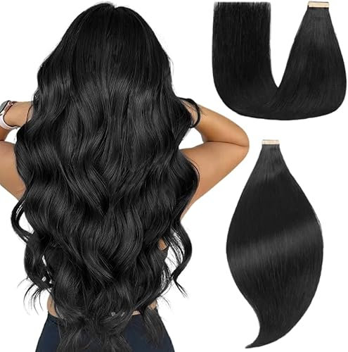 EINbeauty Tape Extensions Echthaar 20pcs Extensions Echthaar 60cm 50g Tief Schwarz Tape In Extensions Echthaar Invisible Echthaar Extensions Tape Glatt Haarverlängerung Für Frauen(24inch,1#)