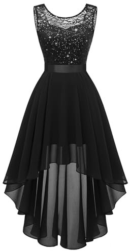 Berylove Abendkleider Elegant Für Hochzeit Pailletten Vokuhila Kleid Kleid Für Hochzeit Als Gast Damenkleider Festlich Tanzkleid Damen Spitzenkleid BLP7035XP Black L