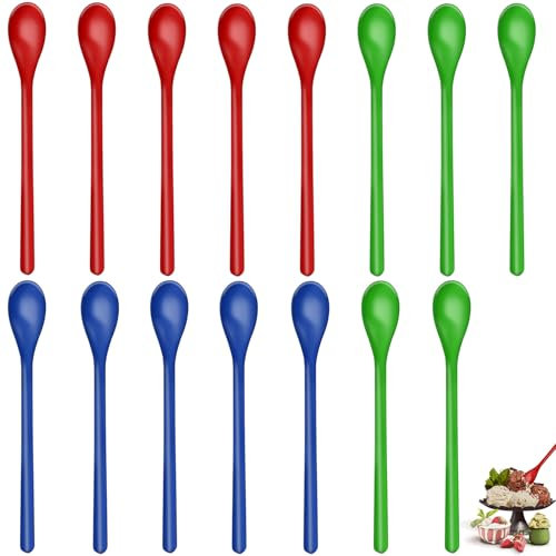 15 Pièce Cuillères à Long Manche, Cuillères en Plastique Colorées, Cuillères Plastique Réutilisable, Longues Cuillères à œufs, Café, Dessert, louche à soupe, Rouge, vert, bleu - 19 cm