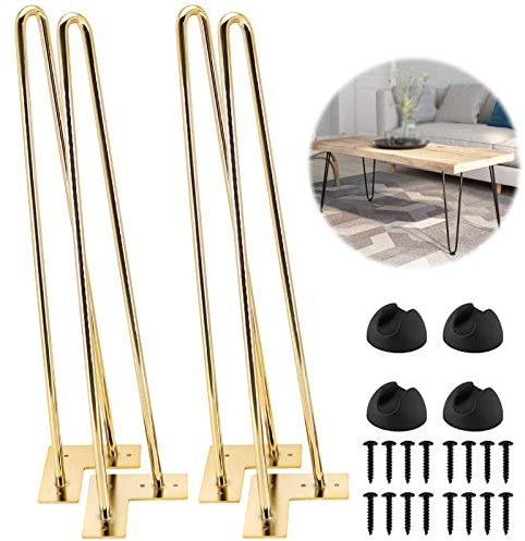 4er Set Haarspange Tischbeine Metall 2 Stangen Moderne Möbelbeine Home DIY Füße für Couchtisch Theke Stuhl mit Schrauben und Schutzfüßen (20 cm (8 Zoll) Gold)