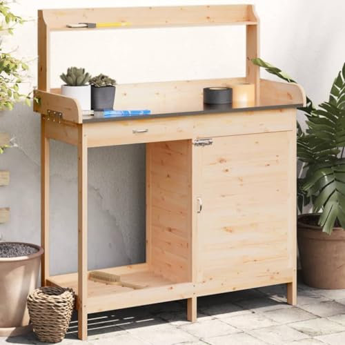 LKYLGYU Pflanztisch mit Schrank 110,5x45x124,5 cm Massivholz Tanne Garten Werkbank mit Stauraum Gartenstation