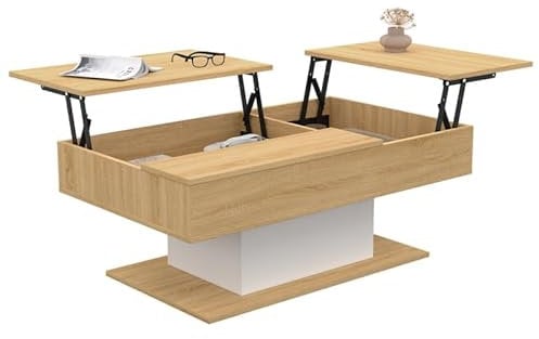 IDMarket - Table Basse 2 Plateaux relevables rectangulaire Eden Bois et Blanc