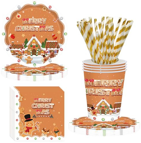48Pcs Disposable Dinnerware Set for 12 Guests - 9 Inch Gingerbread Ornament Plates, Cups, Napkins, Straws - Gingerbread Decoration for Christmas