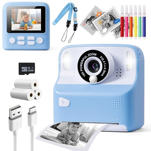 Instant Print Camera for Kids, Christmas Birthday Gifts for Girls Boys Age 3-12,1080P Digital Video Cameras for Toddler, Portable Toy for 4 5 6 7 8 9 10 Year Old Girl with 32GB SD Card