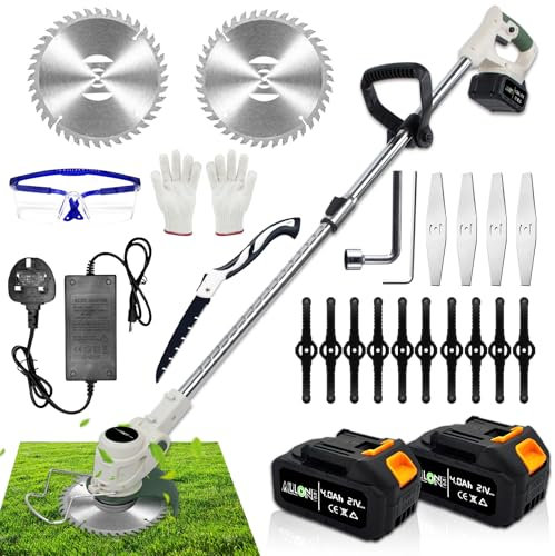 Cordless Strimmer with Metal Blades,21V Battery Powered Grass Trimmers Lightweight Brush Cutter Lawn Edger for Garden Lawn,Electric Strimmers with Fast Charger