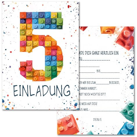 Vielucks 15 x Bausteine Einladungskarten - DIN A6 - Original - mit Aufkleber,Blocks Einladungskarten Kindergeburtstag Mädchen Junge,Geburtstagseinladungen,Party deko,Einladung Einschulung (5 Jahre)