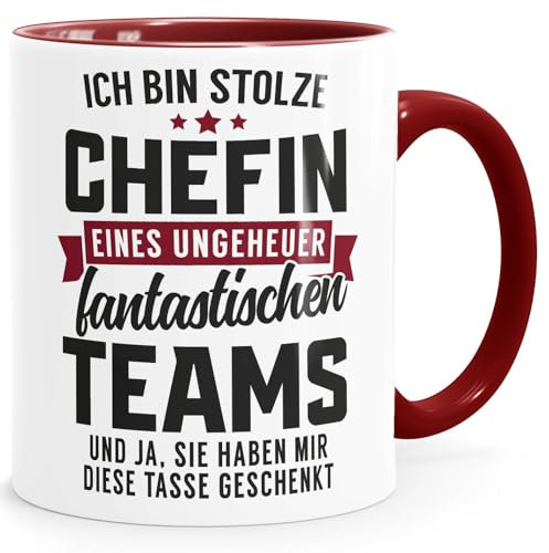 MoonWorks® Tasse Spruch Stolze Chefin eines fantastischen Teams Geschenk Arbeitgeberin Abteilungsleiterin Bürotasse lustige Kaffeebecher Weiss-innen-bordeauxrot standard