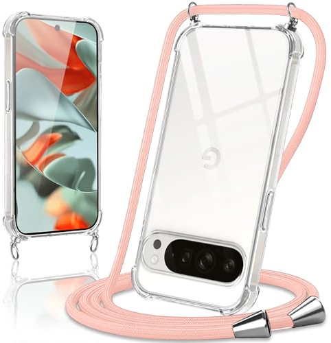 Coiwxmoi Cover per Google Pixel 9 Pro XL con Cordino 6.8,Trasparente Custodia con Laccio Tracolla Corda Catena Cinghia,Ultra Morbido Silicone TPU Antiurto, Oro Rosa