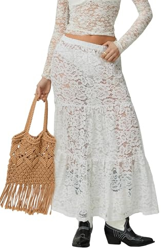 ensswliz Women Tiered Sheer Lace Maxi Skirt High Waist See Through Floral Mesh Long Skirt Clubwear Party Flowy A-Line Skirt (A-White, M)