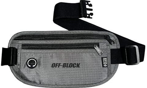 Off-Block RFID Bauchtasche 27 cm grau Geldgürtel Diebstahlsichere Tasche mit RFID Blocker für Reise Brustbeutel Bauchgürtel für Damen und Herren auch unter Kleidung tragbar