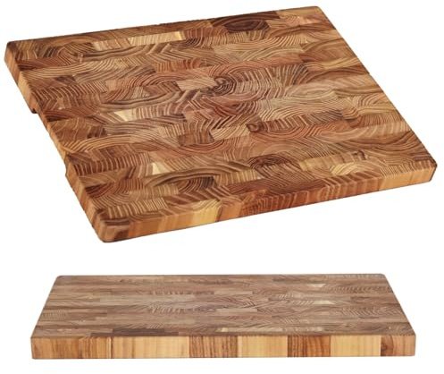 Bierofaro Teak Wood Chopping Board for Kitchen, 40 * 30 * 3 CM End Grain Cutting Board, Wooden Charcuterie Board, Large Butcher Block with Hidden Handles, Reversible, Suitable for Meat, Vegetables