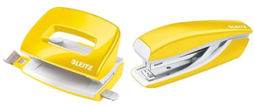 Leitz Mini-Locher + Mini-Heftgerät, für 10 Blatt, Anschlagschiene mit Formatangaben, Tacker mit 1000 Heftklammern, Ergonomisches Design, Gelb, WOW-Serie, 50601016 + 55281016