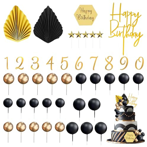 44 PCS Tortendeko Kugeln, Tortendeko Kugeln Schwarz Gold, Tortendekos Kugelns Schwarz, Tortendekos Gold, Geeignet für Geburtstage, Mottopartys, Hochzeiten und Jubiläen