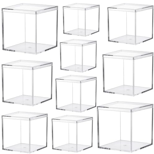 Keboyoe 10pcs Clear Acrylic Display Boxes with Lid Clear Plastic Display Box with Lid clear Acrylic Plastic Square Cube for Storage Candy Pill Tiny Jewelry Toys Gifts, 1.77/2.17/2.56/2.95/3.35Inch