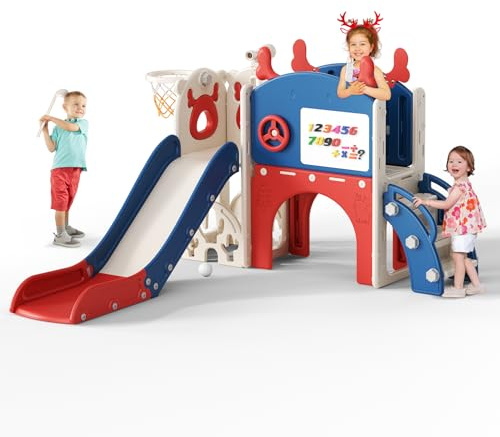 Tobogán para niños con aro de Baloncesto, tobogán temático de Alce, Parque Infantil Interior y Exterior, Kit de Juego de Escalada Independiente con tobogán para bebés (Rojo Azul-6 en 1)