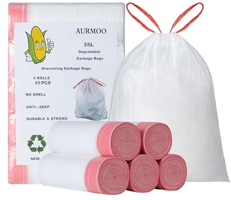 AURMOO 85x Sacs Poubelle 35L avec Cordon de Serrage, Sac de Déchets, | Sacs Poubelle Dégradables, Sac à Ordures de Cuisine, Sac Poubelle, Sacs de Déchets à Bande de Fixation, 55 x 65cm