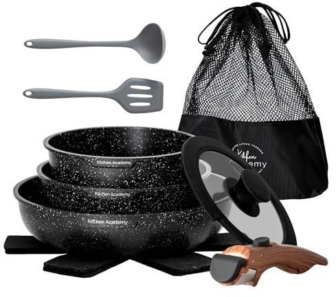 DishDelight 10pcs Pots and Pans Sets Non Stick Granite Induction Hob Pan Set with Detachable Handle Frying Pan Stackable RV Cooking Set for Camping Nonstick(Black)