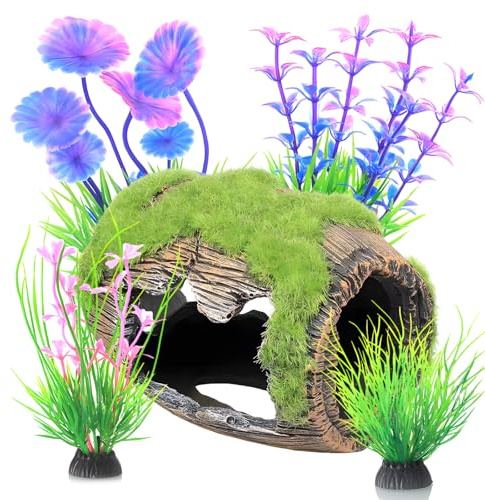 QminTouyzs Fish Tank Ornaments, Aquarium Ornaments Set of 5 Pieces,Fish Tank Hideaways with Broken Barrel and Aquarium Plants, Decorative Ornaments for Small and Medium Aquariums