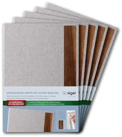 SIGEL Speisekartenmappe A4 Menu Gummibindung 5er Pack Walnussholz | SM222/5, Leinenstruktur, wasserabweisend und langlebig