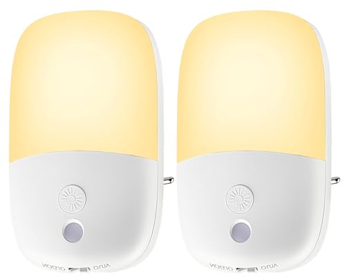 2 Pièces Veilleuse Enfant, Veilleuse Prise Électrique, 2700K Jaune Chaud | 5 Niveaux de Luminosité Réglable, ON/OFF/AUTO Modes, Veilleuse Bébé pour Couloirs Chambres Cuisines Salons Salles de Bain