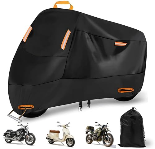 Funda para Moto Impermeable, XXL 245 x 105 x 125 cm, Cubierta de Motocicleta Tejido Oxford 210D Antipolvo Antiviento con Bandas Reflectantes, Protección UV Sol Lluvia Nieve para Interior Exterior