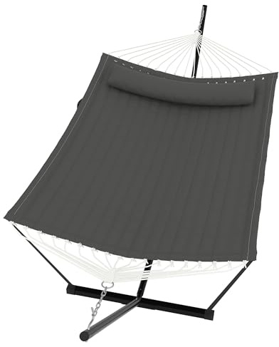 Garvee Hamac Double avec Support en Acier et Coussin, Capacité 204 kg, Gris | Garvee Hamac sur pied en Tissu Polyester-Coton, Corde d'équilibre, Montage Facile, Idéal Jardin, Terrasse, Plage ou Piscine