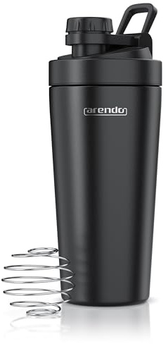 Arendo - Edelstahl Trinkflasche mit Mix kugel, 750ml, Edelstahl Mix Ball, Spülmaschinen geeignet, Edelstahl Eiweiß Shaker Protein Shaker, Proteinshaker für Freizeit Sport Fitness, Schwarz