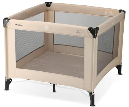 DERYAN Laufstall Baby 100x100cm, Laufgitter Baby, Laufstall mit atmungsaktivem Netz, Faltbares Kinderreisebett mit Matratze & Tragetasche, Playpen, Kinderlaufstall - Nougat