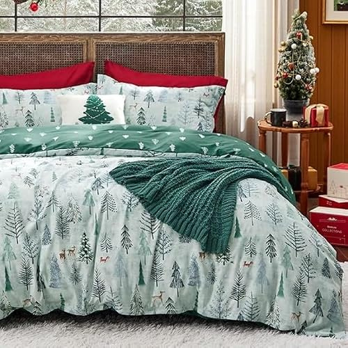 BEDSURE Weihnachts Bettwäsche 220x240 3 teilig-Rentier Wald Motiv, grünes Büffelkaro Design, Bettbezug mit Reißverschluss und 2 Kissenbezüge 80x80