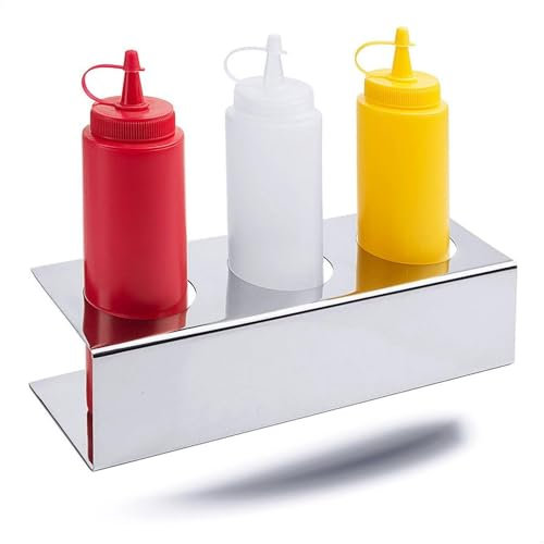 Kerafactum Profi Halter Ständer aus Edelstahl für Quetschflaschen Set für 3 Dosierflaschen Dressing Shaker Dressingshaker Kunststoff 0,25 L Majonaise Senf Ketschup BBQ Sauce Imbiss Squeezeflasche