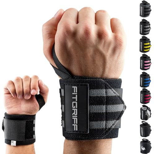 FITGRIFF® Handgelenk Bandagen [Wrist Wraps] 45cm Handgelenkbandage für Fitness, Handgelenkstütze, Bodybuilding, Kraftsport & Crossfit (Schwarz/Grau)