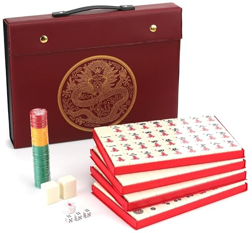 Mose Cafolo Ensemble de jeu de mahjong chinois de 3,8 cm XL 144 carreaux de mélamine de couleur ivoire blanc numéroté avec étui de transport, ensemble complet de jeu Majiang, Majong, Mah-Jongg