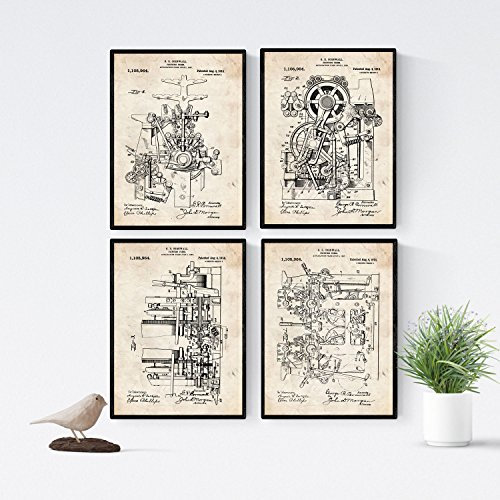 Nacnic Vintage Druckerei Patent Poster 4-er Set. Vintage Stil Wanddekoration Abbildung von Druckpresse und Büro Maschinen. Verschiedene geometrische Alte Erfindungen Bilder ohne Rahmen. Größe A4.