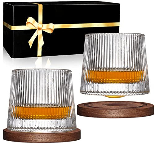 Whiskey Glasses Set of 2, Rotatable Tumbler Crystal Glass Cups, Drinking Glasses with 2Pcs Creative Walnut Coasters and Gift Box - for Scotch,Bourbon,Cocktails