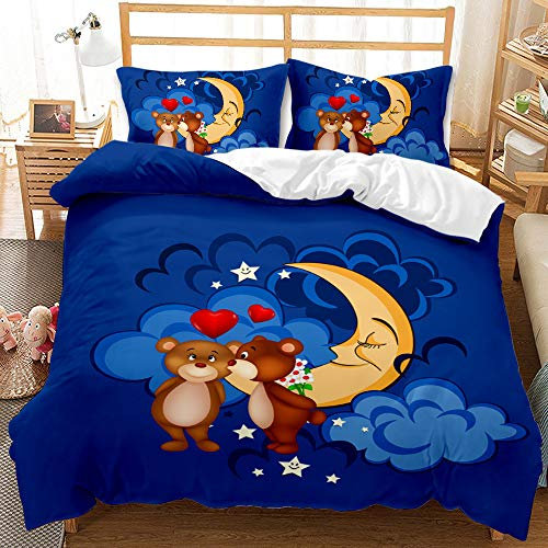ZZXHG Bettwäsche 135x200 Blauer MondbäR, Mikrofaser Bettbezug für Kinder Einzelbett - Bettbezüge mit Reißverschluss + 2 Kissenbezug 80x80 cm