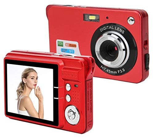Appareil Photo Numérique, Appareil Photo de Poche Compact 18 MP 2,7 Pouces, Appareil Photo Numérique Zoom 8X, Prise en Charge SD 32 Go, Microphone Intégré, Mise au Point Automatique(Rouge)