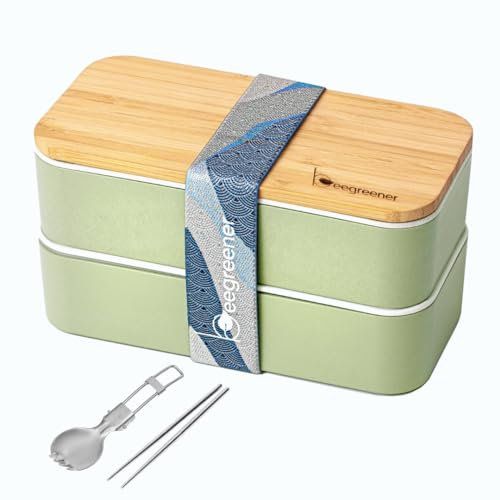 beegreener 100% Plant-Based Stackable Bento Box with Bamboo Lid - Bento Lunch Box for Adults with Compartments – Microwave & Dishwasher Safe Leak Proof Safe incl. Cutlery (Matcha)