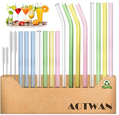 AOTWAN Glasstrohalme Bunt 19 Stück Bunte Strohhalme Glas Bunt,7 Kurz+4 Lange Geraden Glas-Strohhalme,4 Gebogenem Glas Trinkhalme mit 4 Reinigungsbürsten für Cocktails, Smoothie und Säfte
