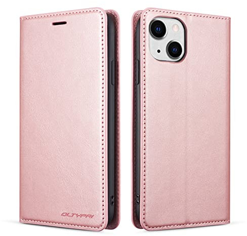 QLTYPRI Hülle für iPhone 14, Premium Dünne Ledertasche Handyhülle mit Kartenfach Ständer Flip Schutzhülle Kompatibel mit iPhone 14 - Rosegold
