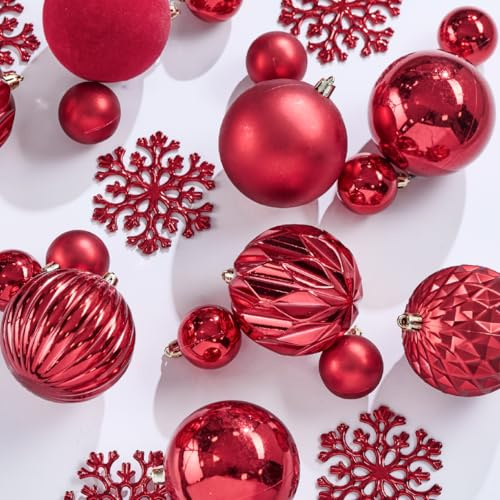 The Christmas Workshop Set of 50 Shatterproof Textured Baubles/Elegant Festive Designs/Christmas Tree Decorations with Hanging String/Various Sizes and Styles (Red)