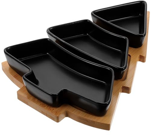 Luxshiny Weihnachtsbaumförmige Platte Snacks Servierplatte Keramik Geteilt Servierplatte mit Holz Weihnachtsbaum Teller für Winterurlaub Party Tischdekor Schwarz