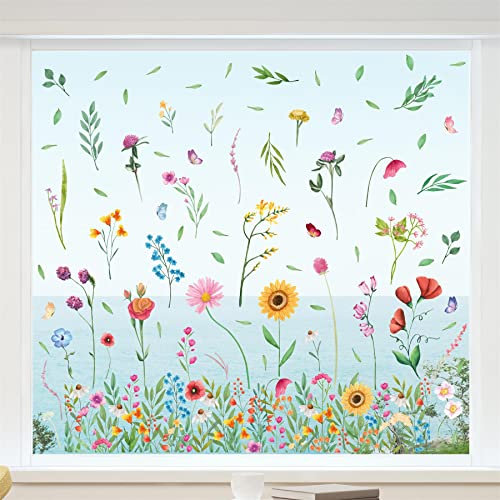 WALPLUS 86 Stück Aquarell Wildblumen Wiesen Fensteraufkleber Dekorative Aufkleber Doppelseitig Selbstklebend Wiederverwendbar Dekorative Glasaufkleber für Kinderzimmer Fensterbilder