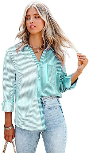 HEYPORK Damen Sommer Top Bluse Bequem Lässig Mode T-Shirt Blusen Frauen Frühjahr/Sommer Gestreift Druck Lange Ärmel Strickjacke Einreihig Shirt(Himmelblau, M)