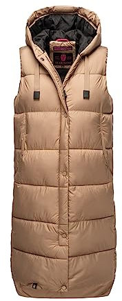 MARIKOO Damen Weste Steppweste lang gesteppte Übergangsweste Kapuze warm B967 [B967-Sayor-Taupe-Grey-Gr.S]
