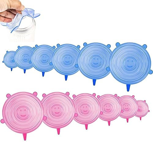 HBINGL Silicone Stretch Lids Food Covers, 12pcs Reusable Lids for Various Sizes of Containers, Microwave & Dishwasher Safe, BPA Free, Blue & Pink Colors