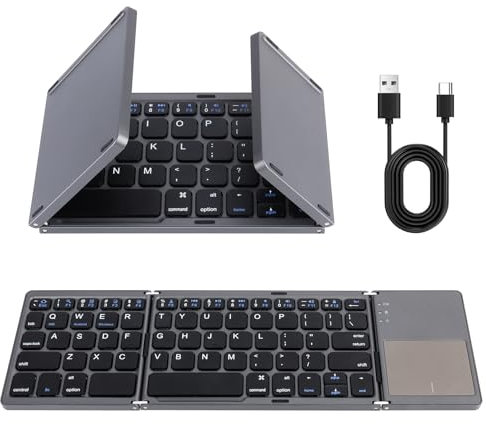 LAMA Folding Bluetooth Keyboard with Touchpad, Portable Ultra-Slim Foldable Keyboard for iPad, Tablet, Smartphone, iOS, Android, Windows PC, Gray+Black