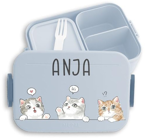 Kinder Bento Box Midi für Mepal Bentobox - Katze - Lunchbox Katzenmama Brotbox Kätzchen Vesperbox Katzen I Cats - 900 ml - Hellblau - katzenmotiv personalisierte brotdose cat with jausenbox