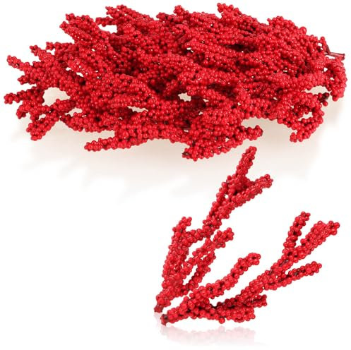 com-four® 25x Deko-Zweig - dekorative Stechpalmenbeeren als Bastelbedarf - DIY Zubehör für Kränze und Gestecke - kleine Beeren Streudeko (25 Stück - viele rote Beeren)